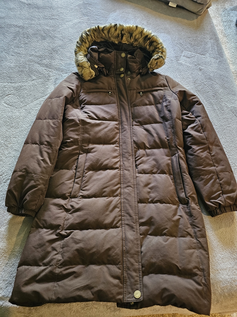 Lands' End Brown Long Puffer Coat with Faux Fur Hood